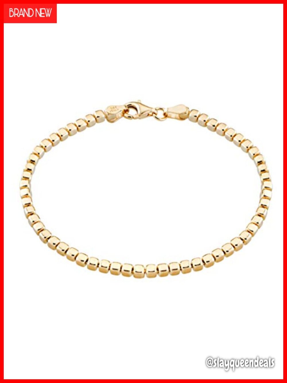 Italian 925 Sterling Silver 18Kt Gold Plated Organic Cube Bead Chain Bracelet